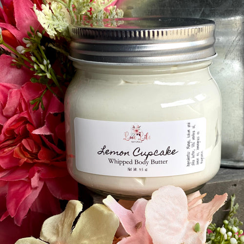 If you like the lemon cupcake sugar scrub and you love our body butters, you're going to go crazy over our Lemon Cupcake whipped body butter.  All of our butters are made with a triple butter blend of shea, mango and kokum butters. High in antioxidants and vitamin E, that heal and soothe problematic skin conditions and help improve the appearance of scars and stretch marks.